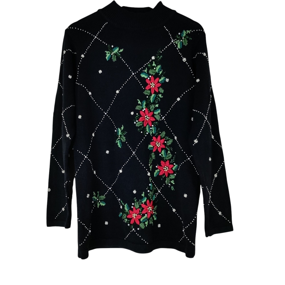 BP Design Beaded Embroidered Long Sleeve Christmas Pullover Knit Vintage Sweater